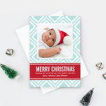 Merry Christmas Modern Red and Blue Ikat Photo Holiday Card<br><div class="desc">Unique global-inspired holiday card design features a light ice / aqua blue and white ikat diamond pattern with a modern rustic woven look and red ribbon stripe that frames the photo.  Personalize this stylish and unique card with your favourite portrait and custom text.</div>