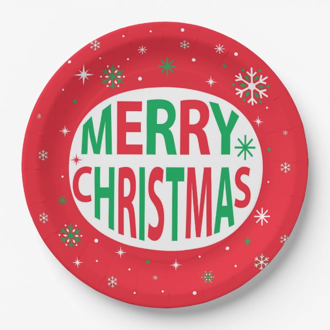 Merry Christmas Modern Red Festive Holiday Paper Plate (Front)