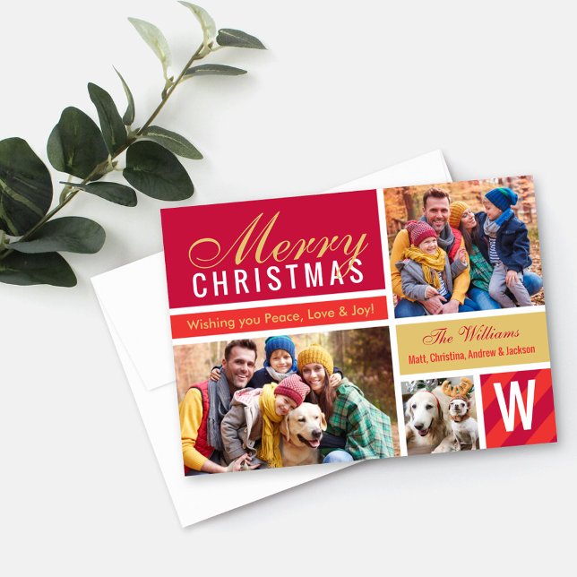 Merry Christmas Modern Red Gold Photo Collage Holiday Card (Creator Uploaded)