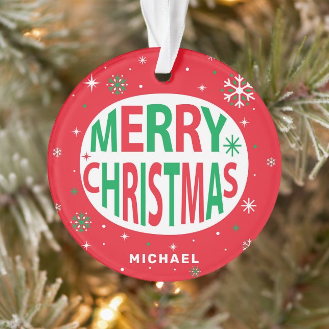 Merry Christmas Modern Red Holiday Personalized Ornament (Tree)