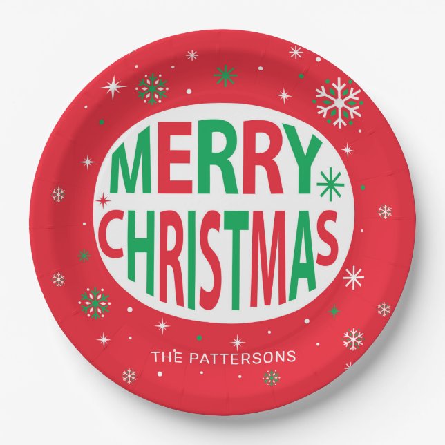 Merry Christmas Modern Red Holiday Personalized Paper Plate (Front)