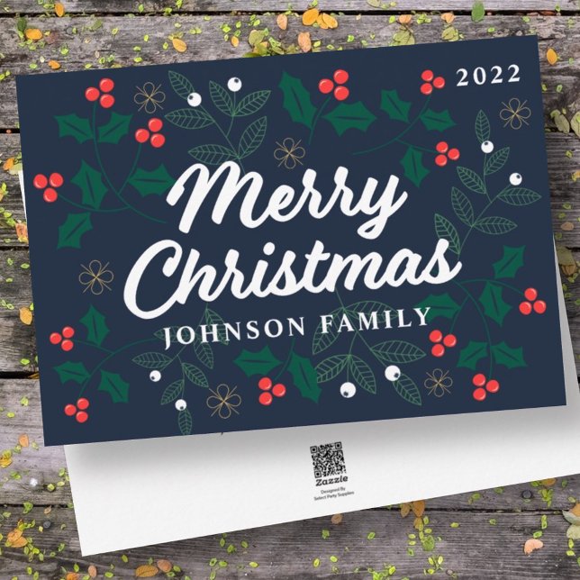 Merry Christmas Modern Red Holly Berries Foliage Holiday Card (Creator Uploaded)