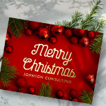 Merry Christmas Modern Red Ornaments and Pine Foil Holiday Postcard<br><div class="desc">Your business logo can be added at the back. Modify the holiday message,  business name or company name. 

Available here:
http://www.zazzle.com/selectpartysupplies</div>