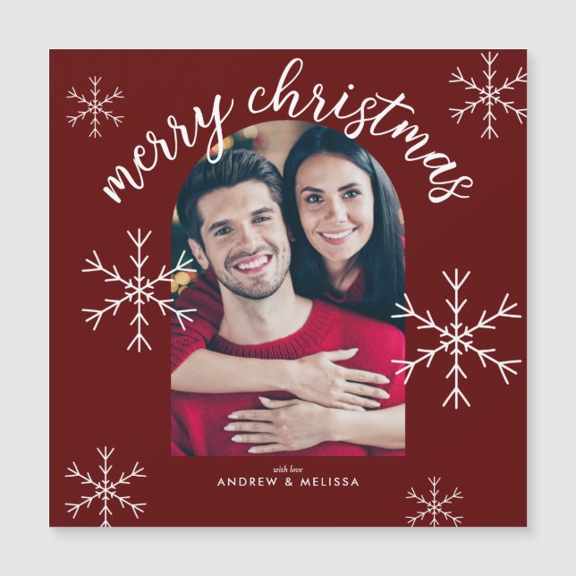 Merry Christmas Modern Red Script Snowflakes (Front)