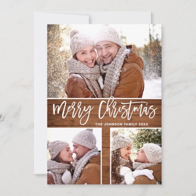 Merry Christmas Modern Rustic 3 PHOTO Greeting Holiday Card (Front)