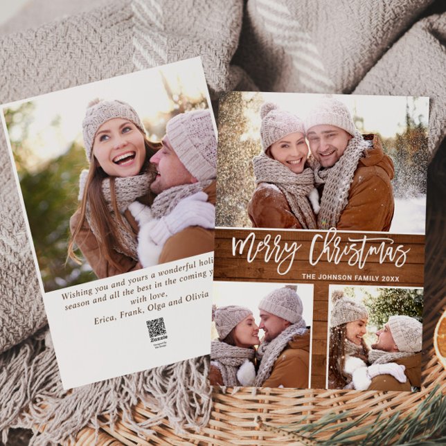 Merry Christmas Modern Rustic 4 PHOTO Greeting Holiday Card (Creator Uploaded)