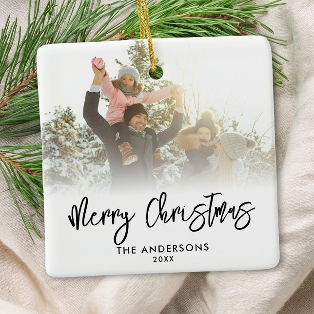Merry Christmas Modern Script 2 Photo Ceramic Ornament (Creator Uploaded)