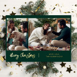 Merry Christmas Modern Script 2 Photos Gold Foil Holiday Card<br><div class="desc">Cherish your family's precious moments this holiday season with our custom photo collage Christmas card. This unique greeting card showcases a beautifully arranged collection of your favourite family photographs, artfully combined to create a festive and heartwarming design. Personalize it with 2 of your most treasured snapshots, from candid moments to...</div>