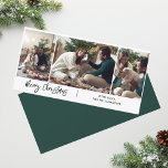 Merry Christmas Modern Script 3 Photo Collage  Holiday Card<br><div class="desc">Cherish your family's precious moments this holiday season with our custom photo collage Christmas card. This unique greeting card showcases a beautifully arranged collection of your favourite family photographs, artfully combined to create a festive and heartwarming design. Personalize it with up to 3 of your most treasured snapshots, from candid...</div>