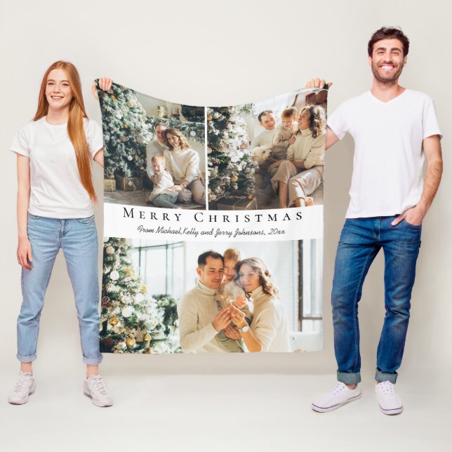 merry christmas modern script 3 photos collage fleece blanket (In Situ)