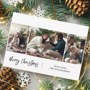 Merry Christmas Modern Script 3 Photos Holiday Card