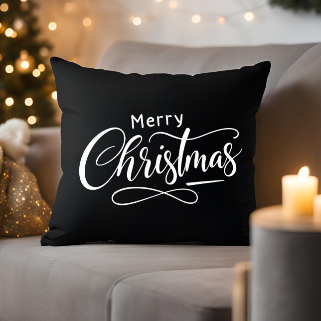 Merry Christmas Modern Script Black Family Throw Pillow (Creator Uploaded)