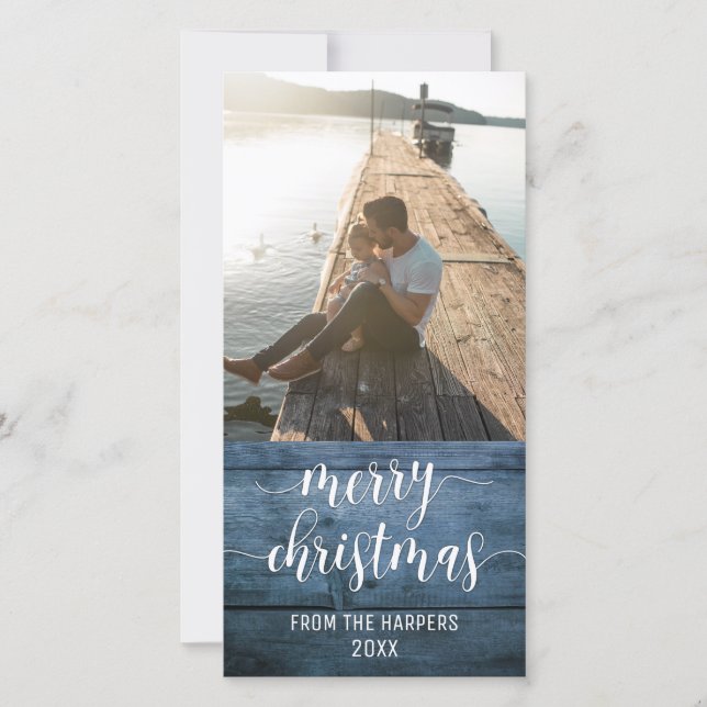 Merry Christmas Modern Script Blue Rustic Wood Holiday Card (Front)