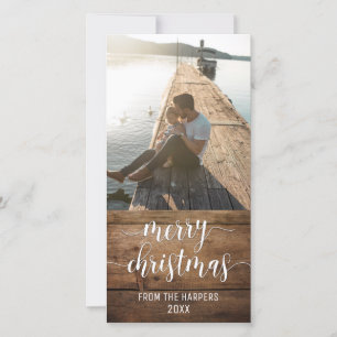 Merry Christmas Modern Script & Brown Rustic Wood Holiday Card