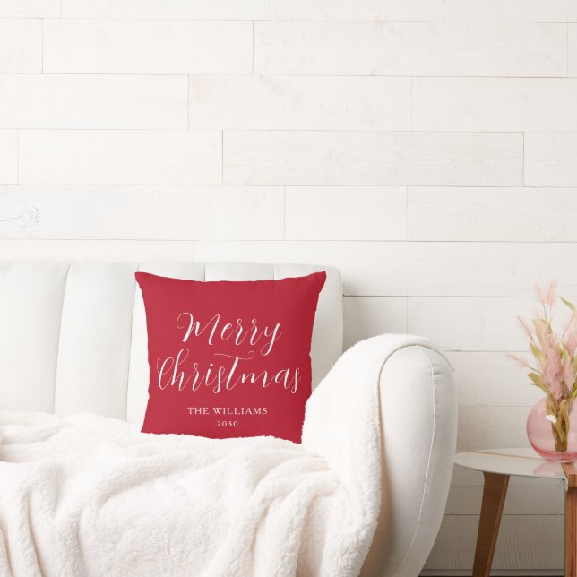 Merry Christmas Modern Script Custom Family Throw Pillow (Couch)