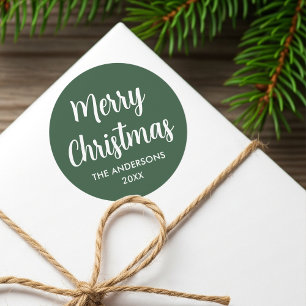 Merry Christmas Modern Script Custom Name Green Classic Round Sticker