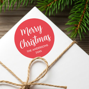 Merry Christmas Modern Script Custom Name Red Classic Round Sticker