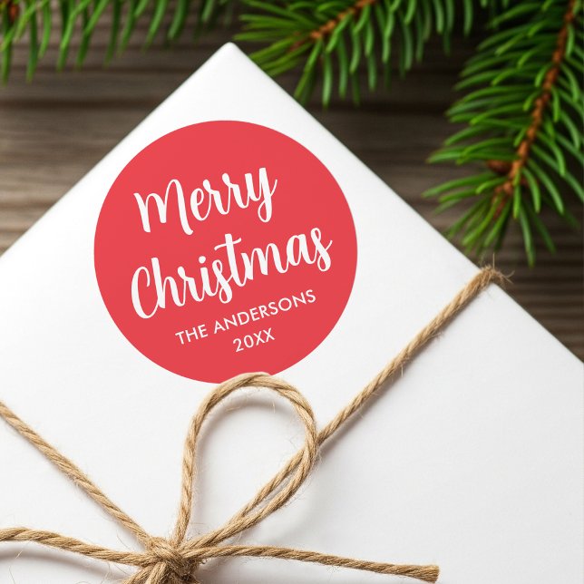Merry Christmas Modern Script Custom Name Red Classic Round Sticker (Creator Uploaded)