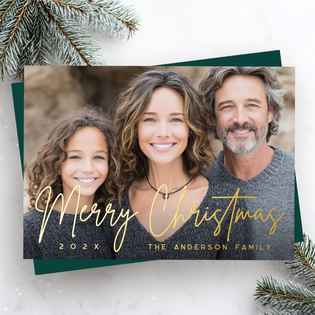Merry Christmas modern script deep green photo Foil Holiday Card (Merry Christmas modern script deep green photo Foil Holiday Card)