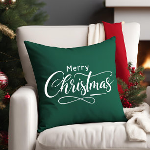 Merry Christmas Modern Script Green Family Throw Pillow
