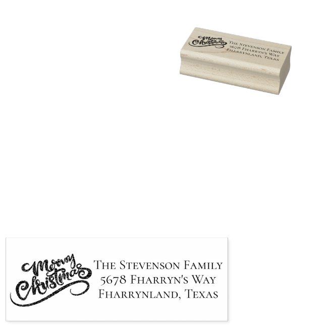 Merry Christmas Modern Script Holiday Address Rubber Stamp (Stamped)