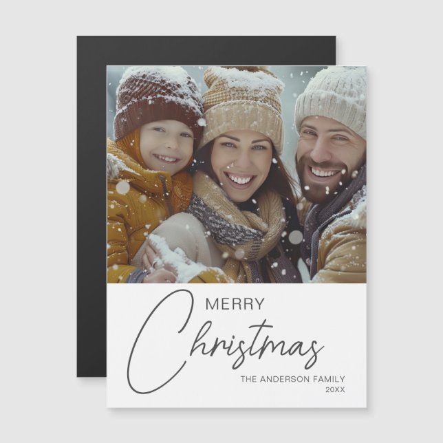 Merry Christmas Modern Script Photo Magnetic Card (Front/Back)