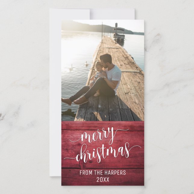 Merry Christmas Modern Script Red Rustic Wood Holiday Card (Front)