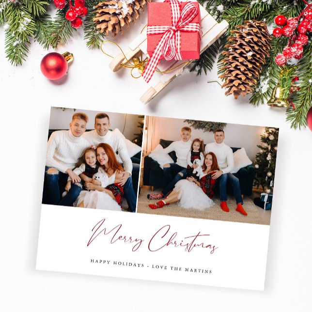 Merry Christmas Modern Script Two Photo Card (Creator Uploaded)