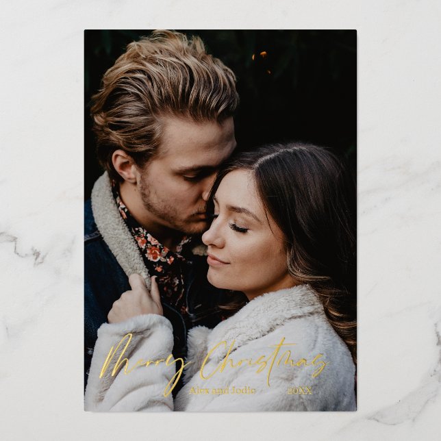 Merry Christmas Modern Scripted Minimalism Foil Holiday Card (Front)