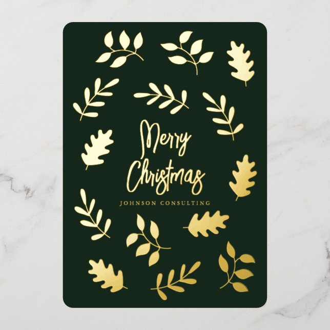 Merry Christmas Modern Simple Foliage Botanical Foil Holiday Card (Front)