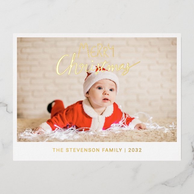 Merry Christmas modern simple photo gold Foil Holiday Postcard (Front)