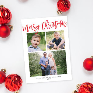 Merry Christmas Modern Simple Red Script 3 Photo Holiday Card