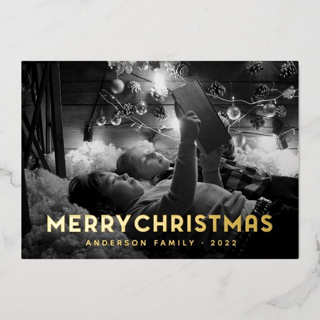 Merry Christmas Modern Simple Typography Foil Holiday Card (Front)