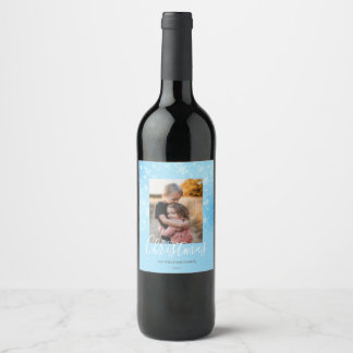 Merry Christmas Modern Snowy Winter Blue Photo Wine Label