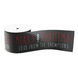 Merry Christmas Modern Tree Personalized Name Grosgrain Ribbon