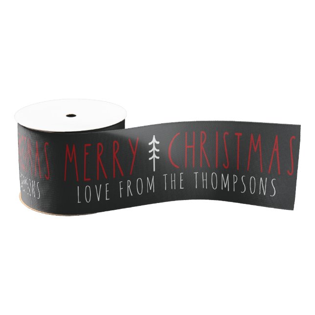 Merry Christmas Modern Tree Personalized Name Grosgrain Ribbon (Spool)