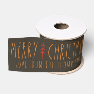 Merry Christmas Modern Tree Personalized Name Grosgrain Ribbon