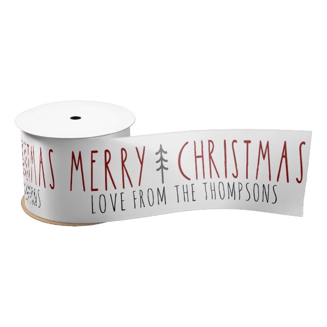 Merry Christmas Modern Tree Personalized Name Satin Ribbon (Spool)