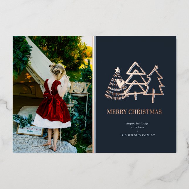 Merry Christmas Modern Tree Photo  Foil Holiday Card (Front)