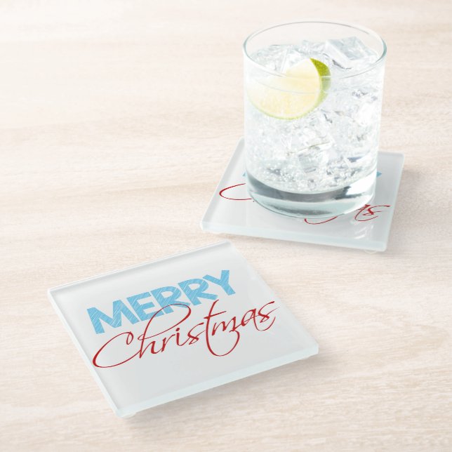 Merry Christmas | Modern Typography Holiday Glass Coaster (Angled)
