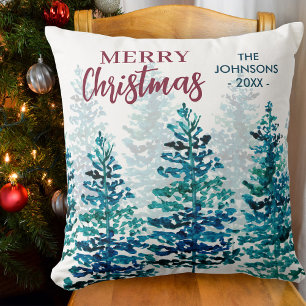 Merry Christmas Modern Watercolor Forest Trees Thr Throw Pillow