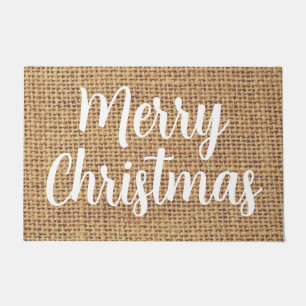 Merry Christmas modern white script cool burlap Doormat