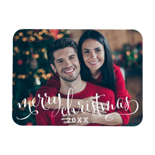 Merry Christmas Modern White Script Photo Magnet (Horizontal)