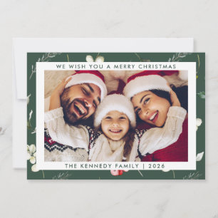 Merry Christmas Modern Winter Greenery Photo Holi Holiday Card