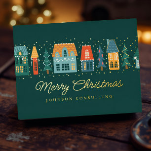 Merry Christmas Modern Winter Snow Village Foil Holiday Postcard