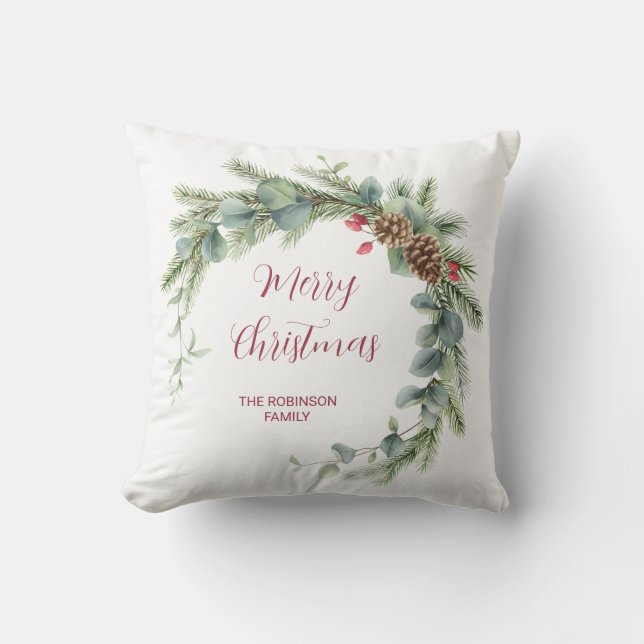 Merry Christmas Modern Wreath and Script  Throw Pillow (Front)
