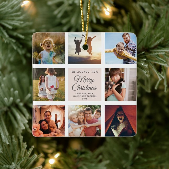 Merry Christmas Mom Chic Blush Pink Photo Collage Ceramic Ornament (Tree)