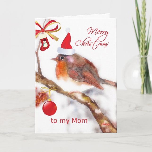 merry christmas Mom, cute sparrow red hat ornament Holiday Card (Front)
