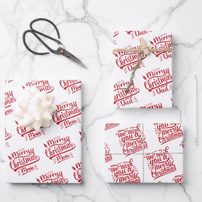 Merry Christmas Mom Dad Typography Family Holiday Wrapping Paper Sheet (Front)