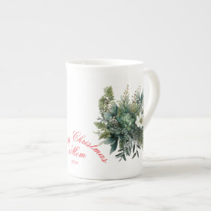 Merry Christmas Mom Green Floral Bone China Mug